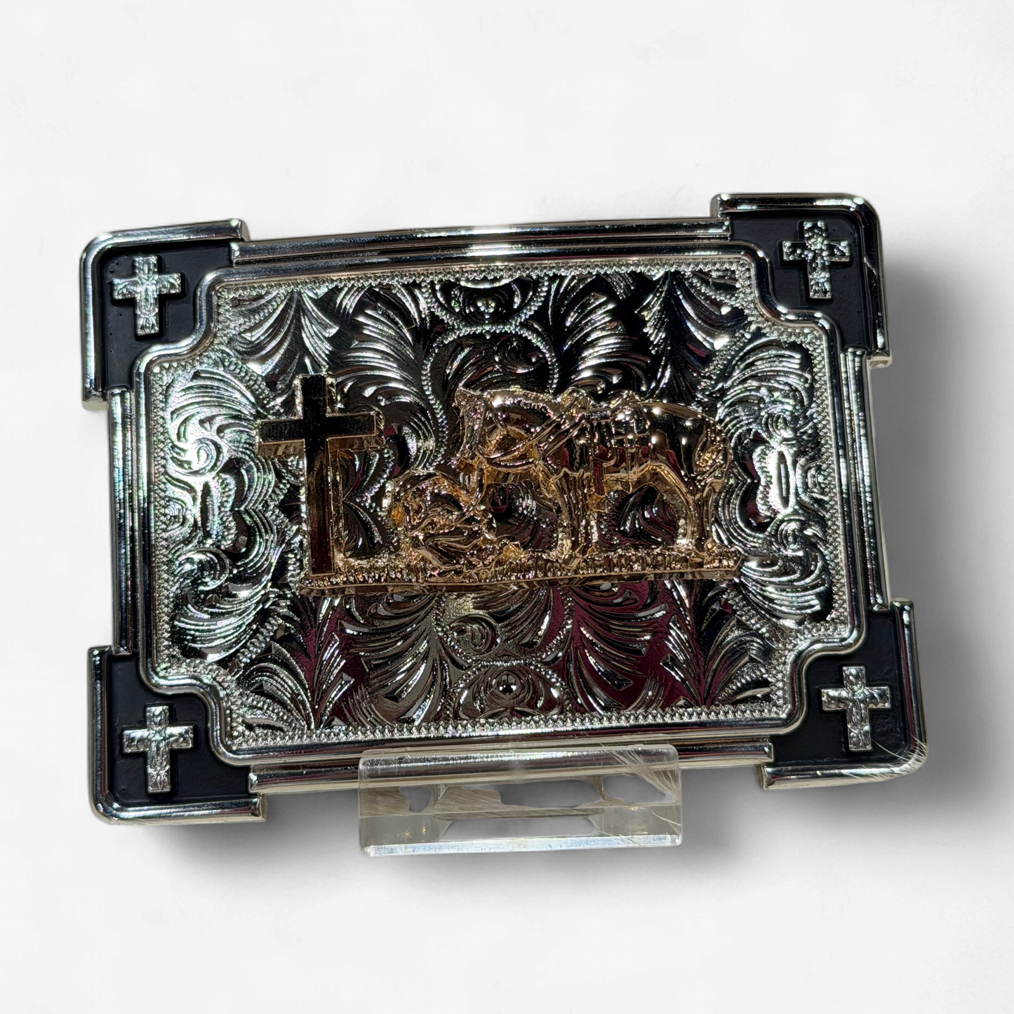 RANGER BLACK/SILVER PRAYING COWBOY CROSS SQUARE BUCKLE