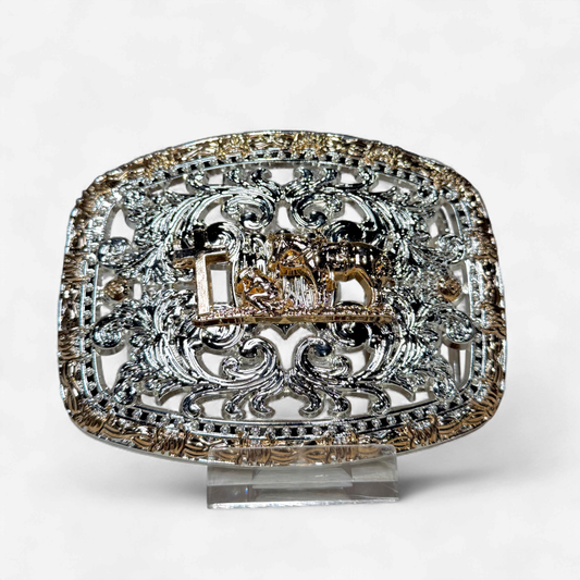 RANGER GOLD/SILVER PRAYING COWBOY TOOLED BUCKLE