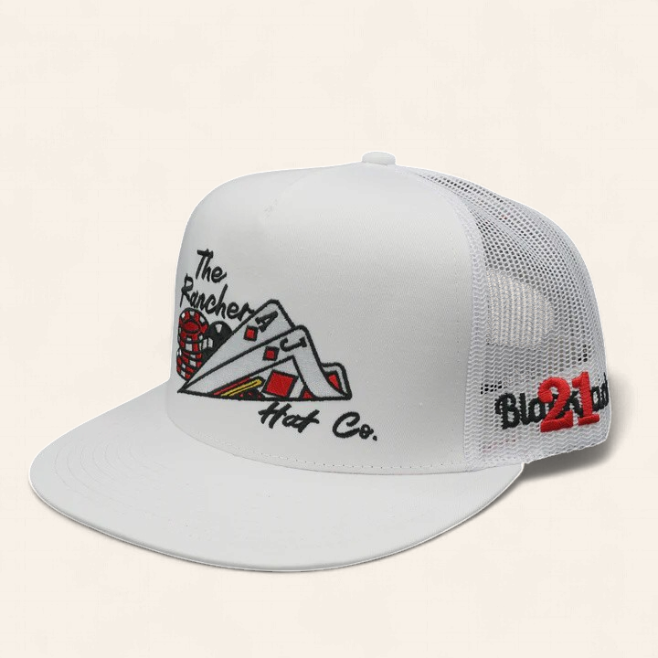 THE RANCHER HAT CO. “21 BLACKJACK” FLAT BILL SNAPBACK CAP -  WHITE/WHITE