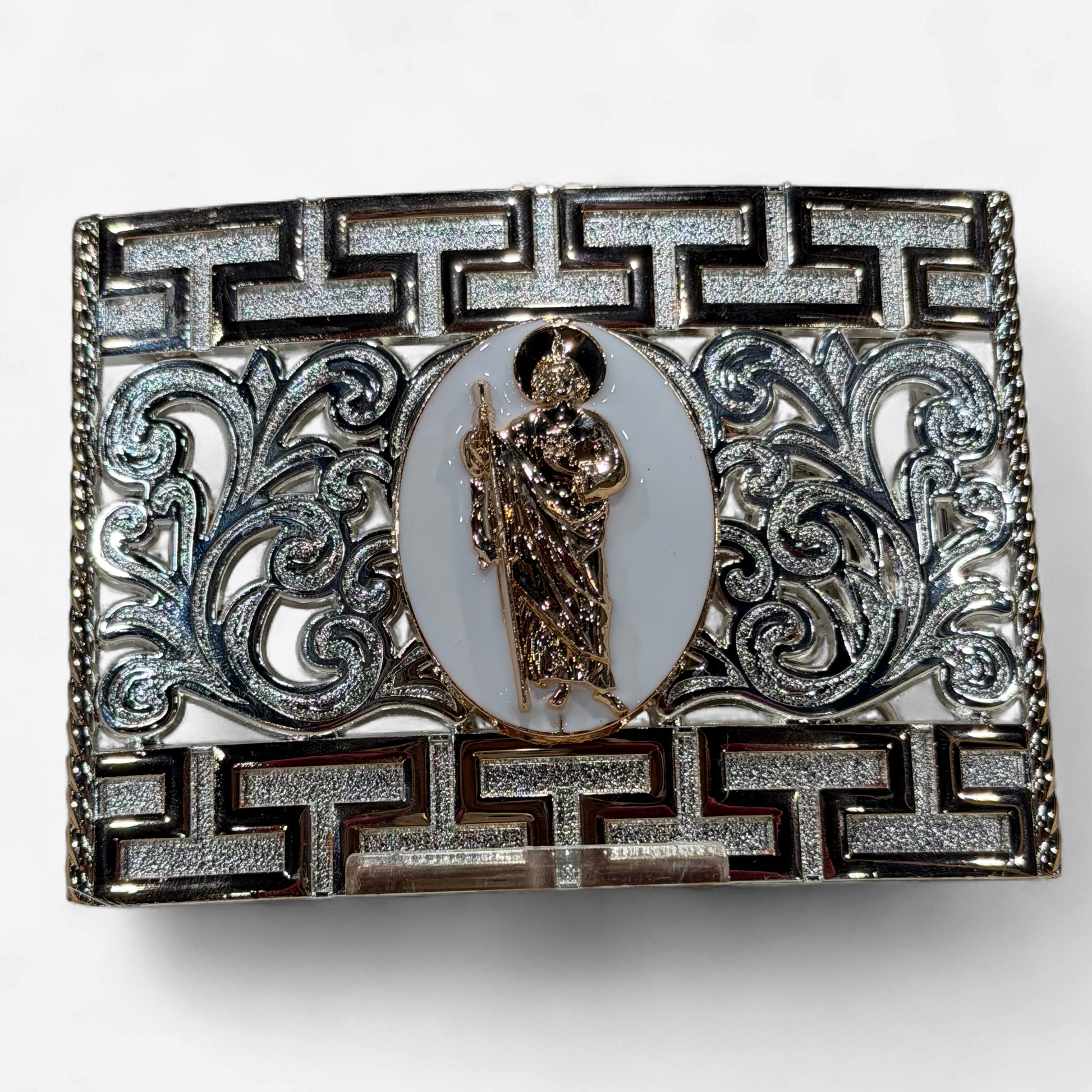 RANGER GOLD/SILVER SAN JUDAS WHITE OVAL SQUARE BUCKLE