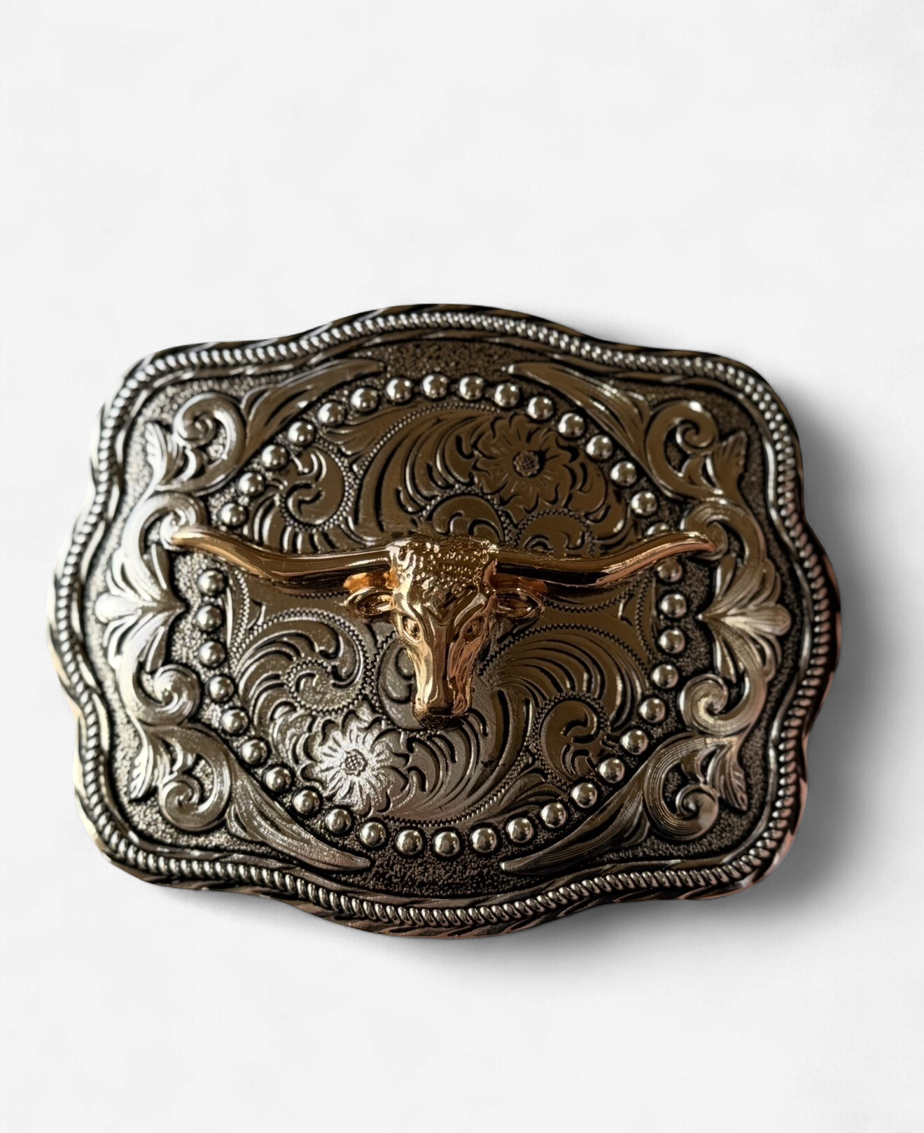 SILVER LONGHORN ROPE BORDER BUCKLE