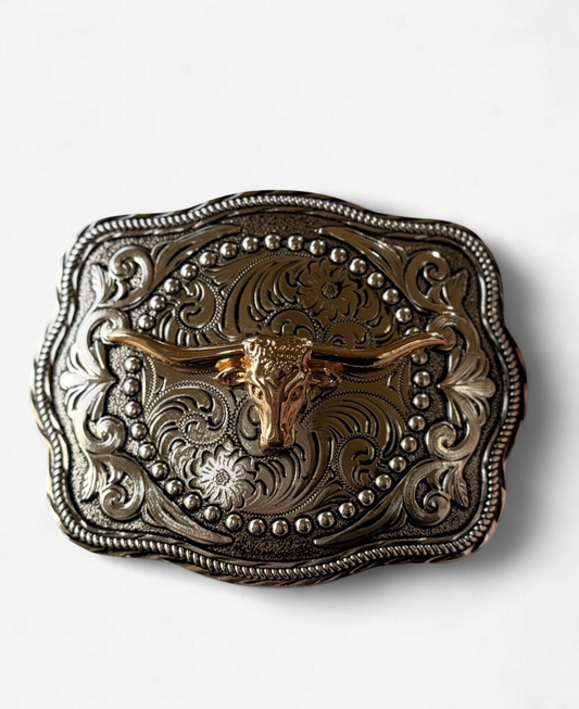 SILVER LONGHORN ROPE BORDER BUCKLE