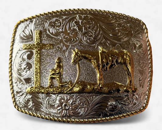 PRAYING COWBOY YELLOW GOLD BORDER BUCKLE