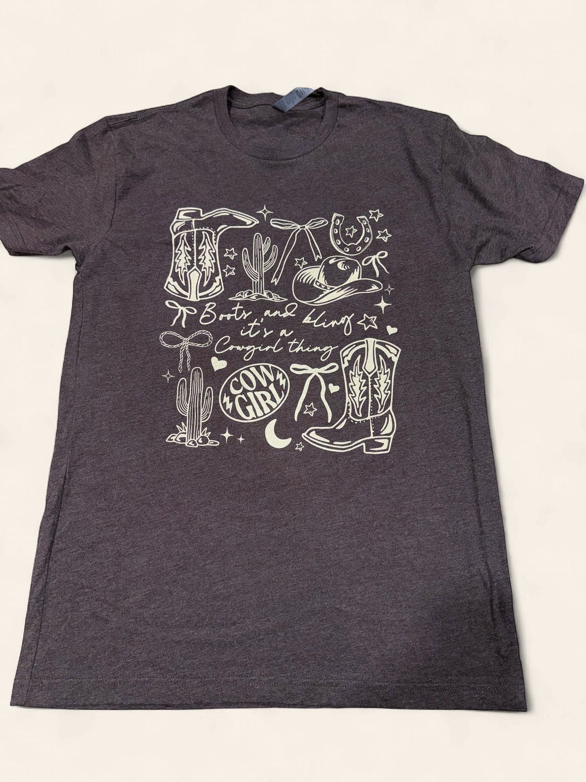 WOMEN'S BROWN BOOTS BLING COWBOY BLING S/S TEE