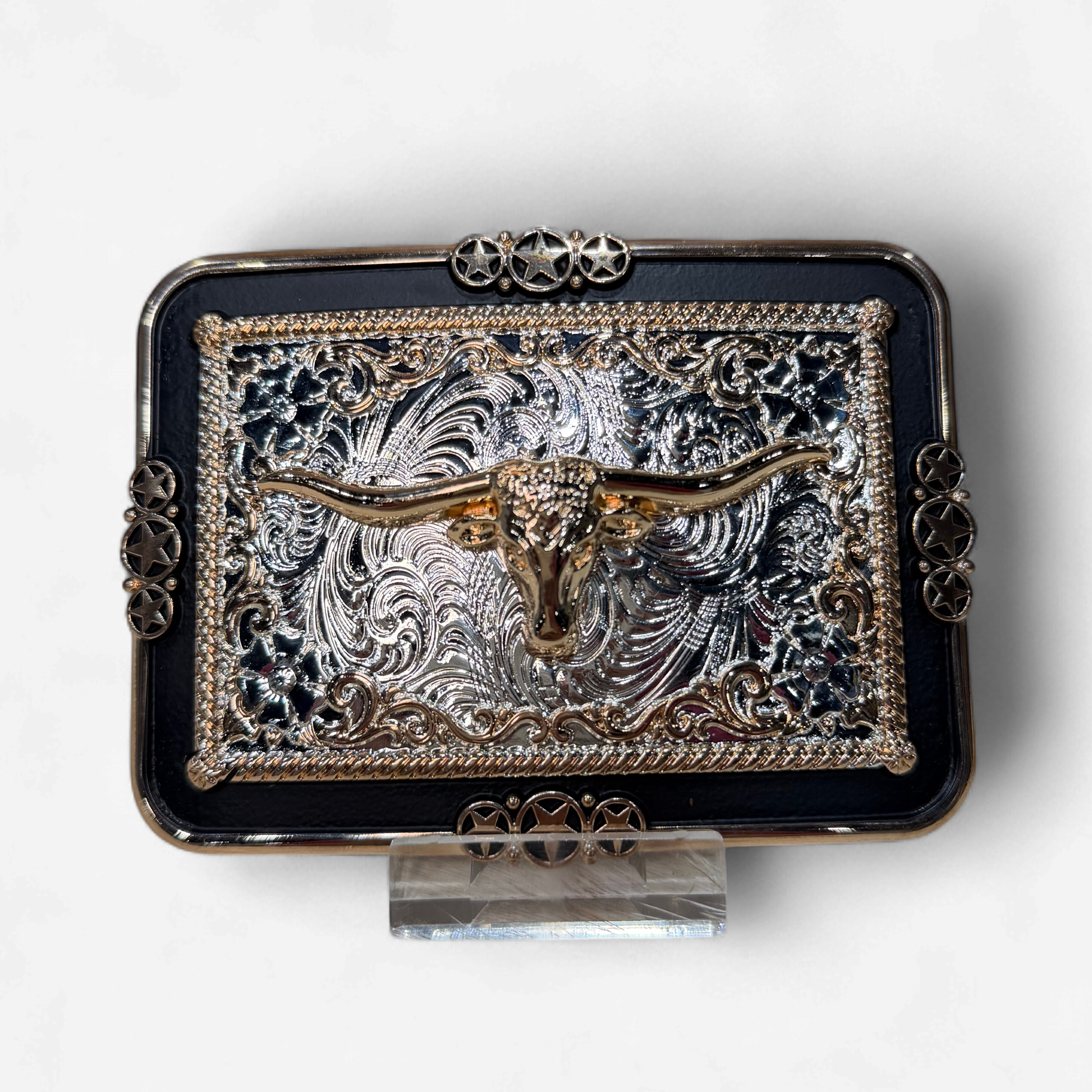 RANGER BLACK/GOLD/SILVER LONGHORN SQUARE BUCKLE