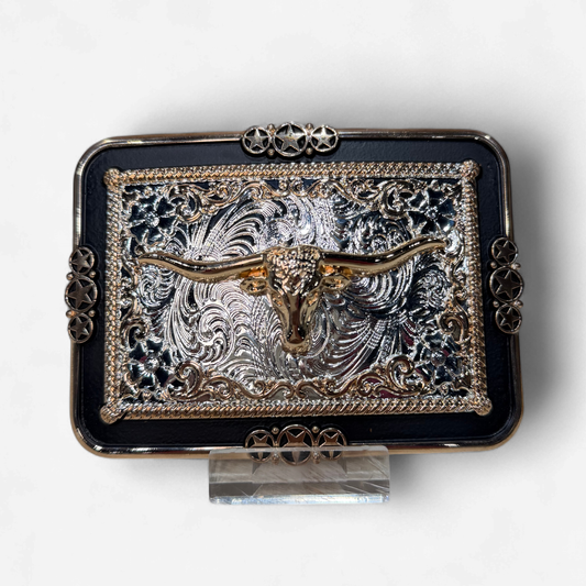 RANGER BLACK/GOLD/SILVER LONGHORN SQUARE BUCKLE