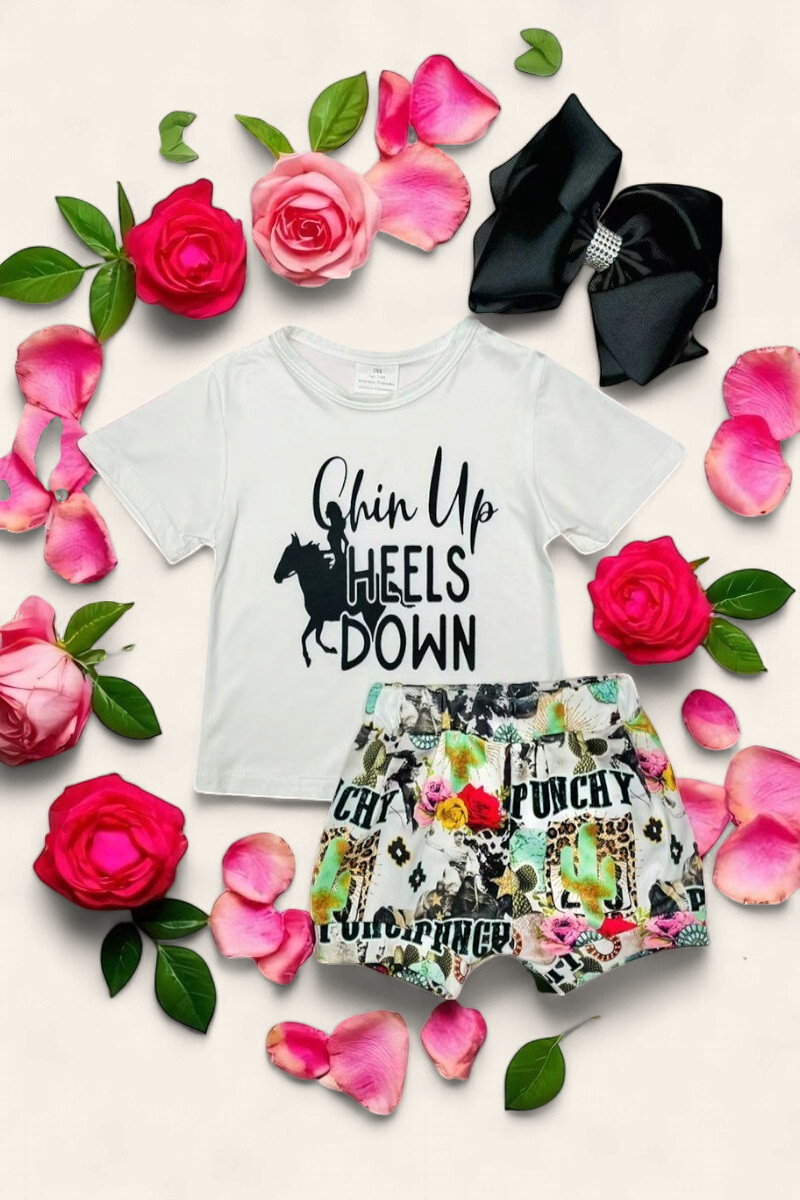 9160MZ | BABY GIRL'S WHITE "CHIN UP HEELS DOWN" TEE & SHORTS SET