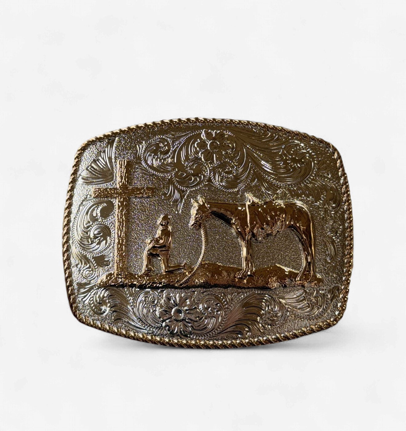 PRAYING COWBOY GOLD BORDER BUCKLE