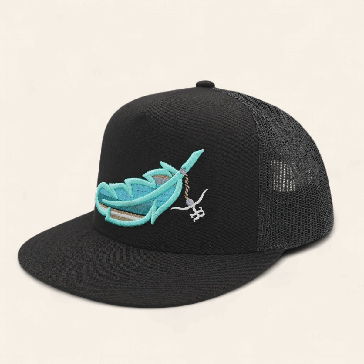 THE RANCHER HAT CO. " FEATHERED OUTLAW" FLAT BILL CAP - BLACK / TURQUOISE FEATHER