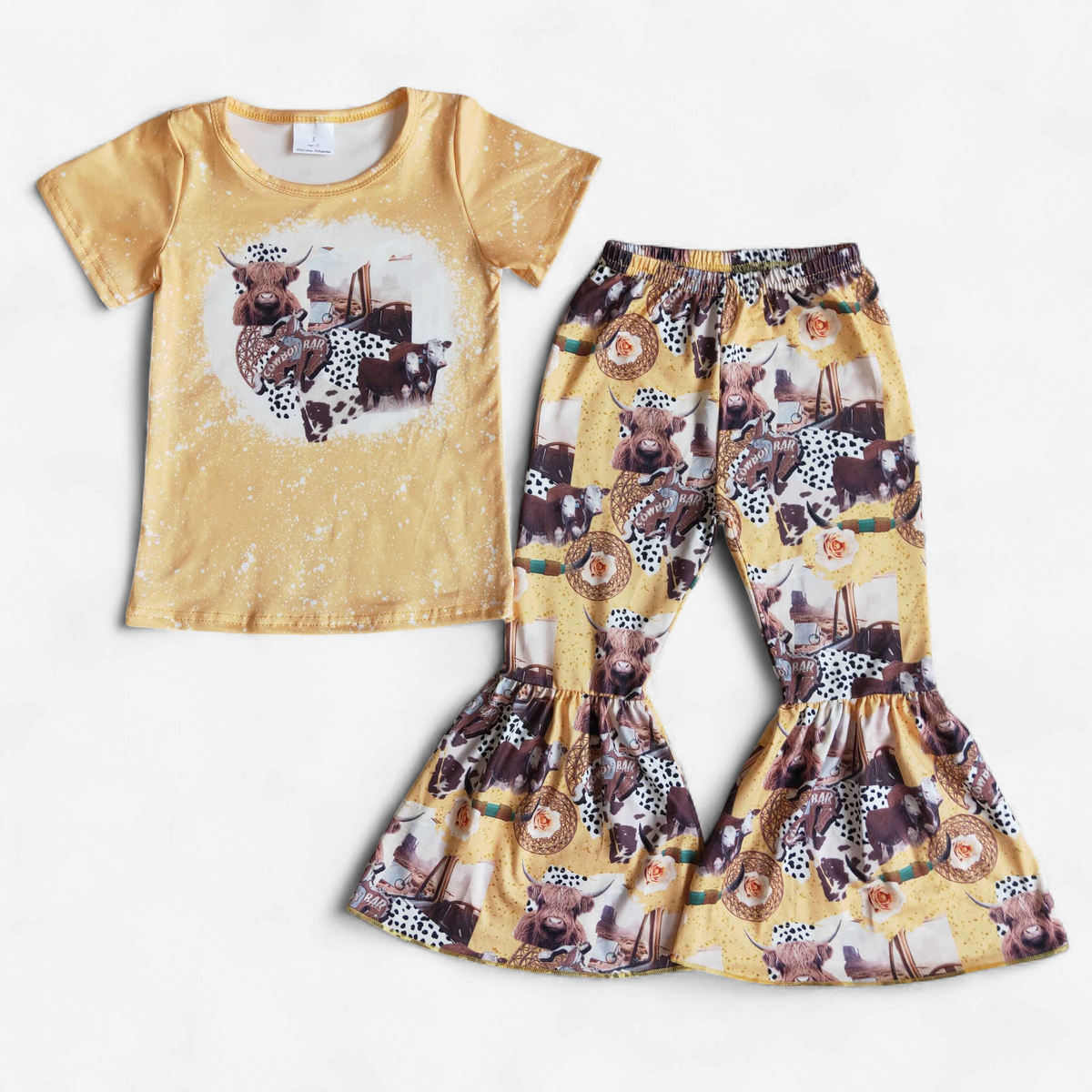 E13-17 | GIRL'S YELLOW HIGHLAND COW TOP & BELL BOTTOMS 2PC SET