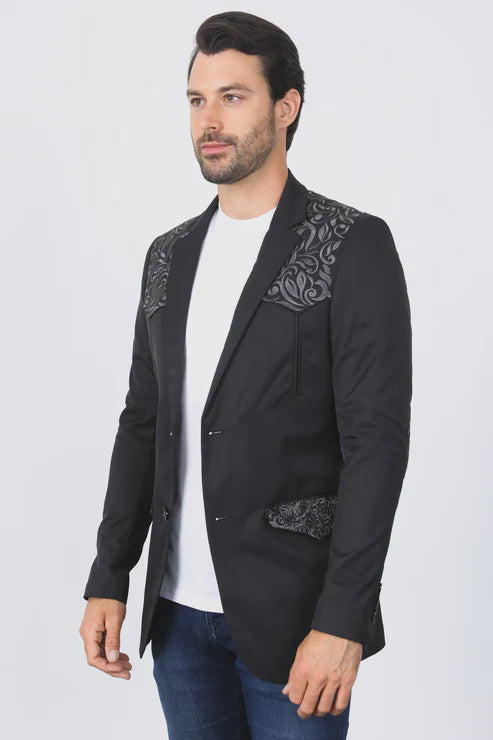 EBZ10138 | PLATINI JEANS MEN'S BLACK EMBROIDERY BLAZER