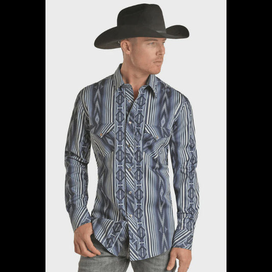 BMN2S02517 | ROCK & ROLL MEN'S BLUE AZTEC STRIP SNAP LS SHIRT