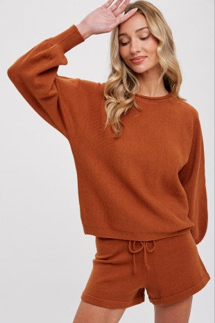 ** Set Black Ribbed Knit Sweater & Shorts Lounge Set **