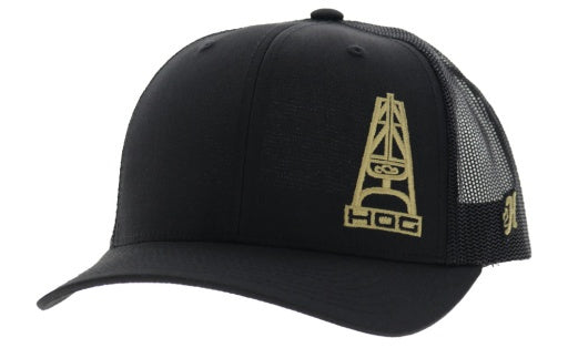 3029T-BKYL | HOOEY HOG BLACK CAP - GOLD OIL RIG LOGO