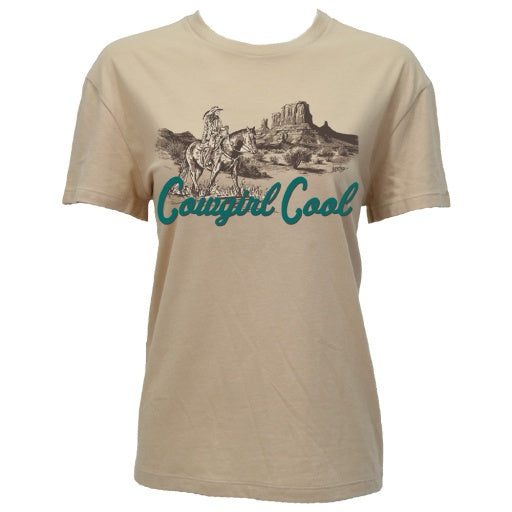 HT2635TN | HOOEY WOMEN'S COWGIRL COOL S/S T-SHIRT - TAN WITH TURQUIOSE LOGO